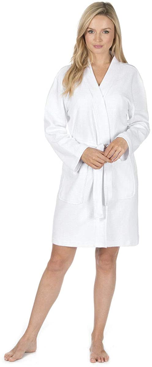 Price:$29.99 Forever Dreaming Ladies Luxury Waffle Weave Bath Robe (Sizes S-XL) Cotton Blend Spa Wrap at Amazon Women’s Clothing store