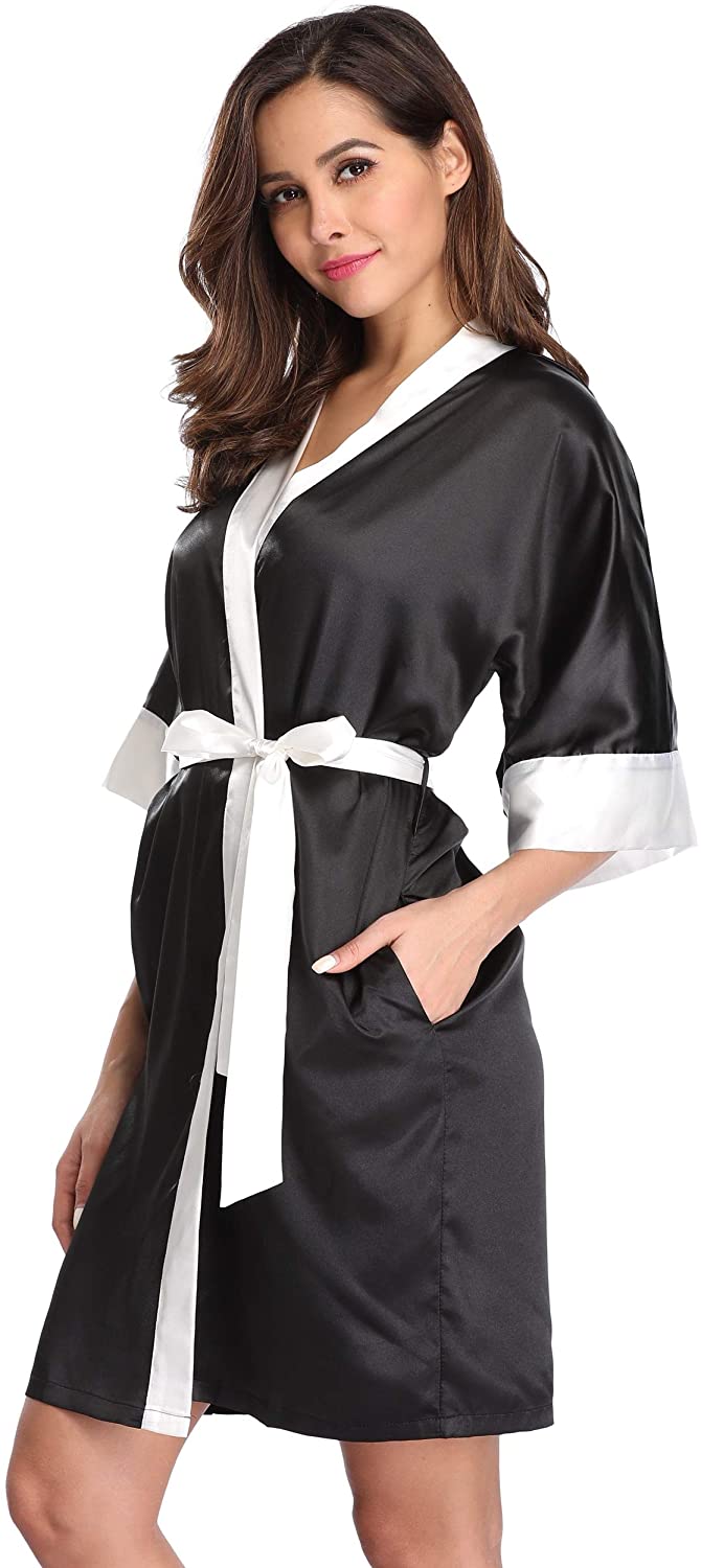 Price:$9.99 Joy Bridalc Women's Satin Short Kimono Robe Bride Bridesmaid Robes Dresses Gown, 013 Black M at Amazon Women’s Clothing store