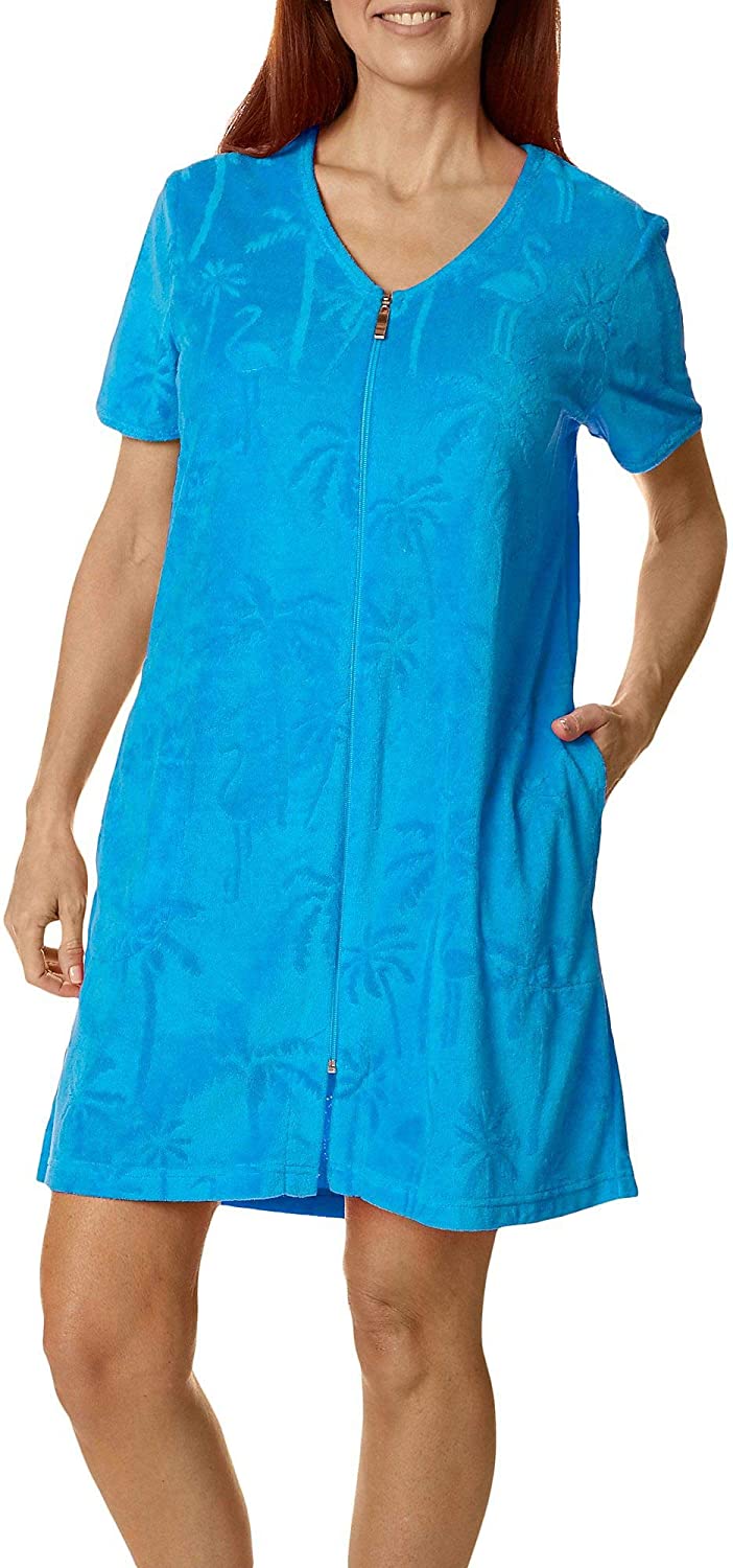 Price:$20.00 Coral Bay Womens Embossed Palm Short Sleeve Terry Robe at Amazon Women’s Clothing store