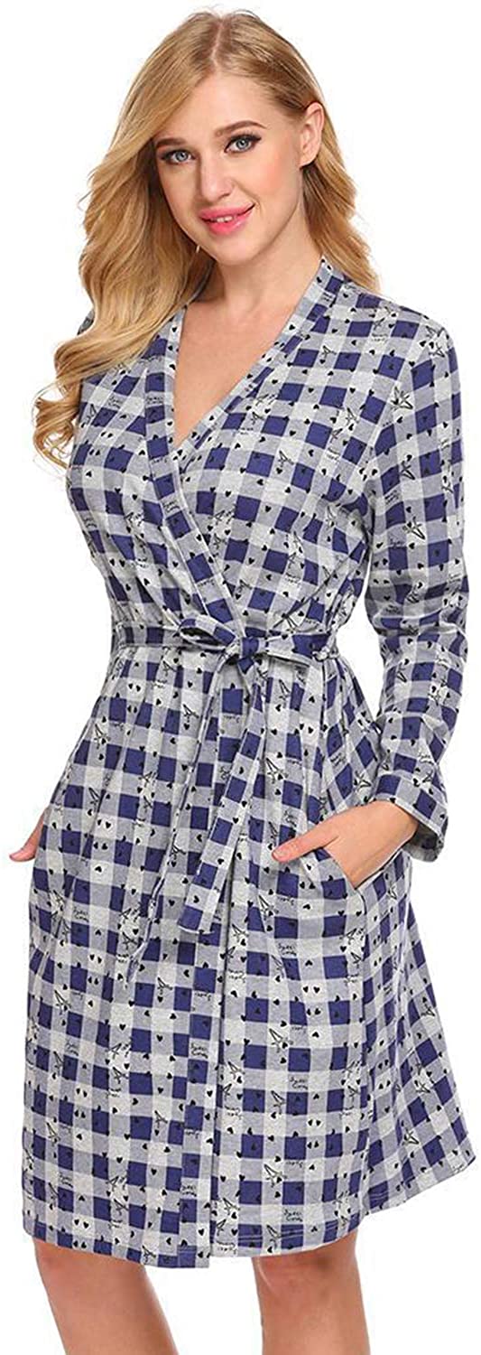 Price:$14.99 Dramaticbuying Cotton Robes for Women Short Kimono Lightweight Knit Bathrobes Plaid Soft Loungewear at Amazon Women’s Clothing store