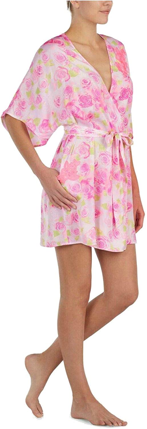 Price:$19.99 Betsey Johnson Rose Floral Lace Detail Satin Short Wrap Robe (Rose Floral, Large) at Amazon Women’s Clothing store
