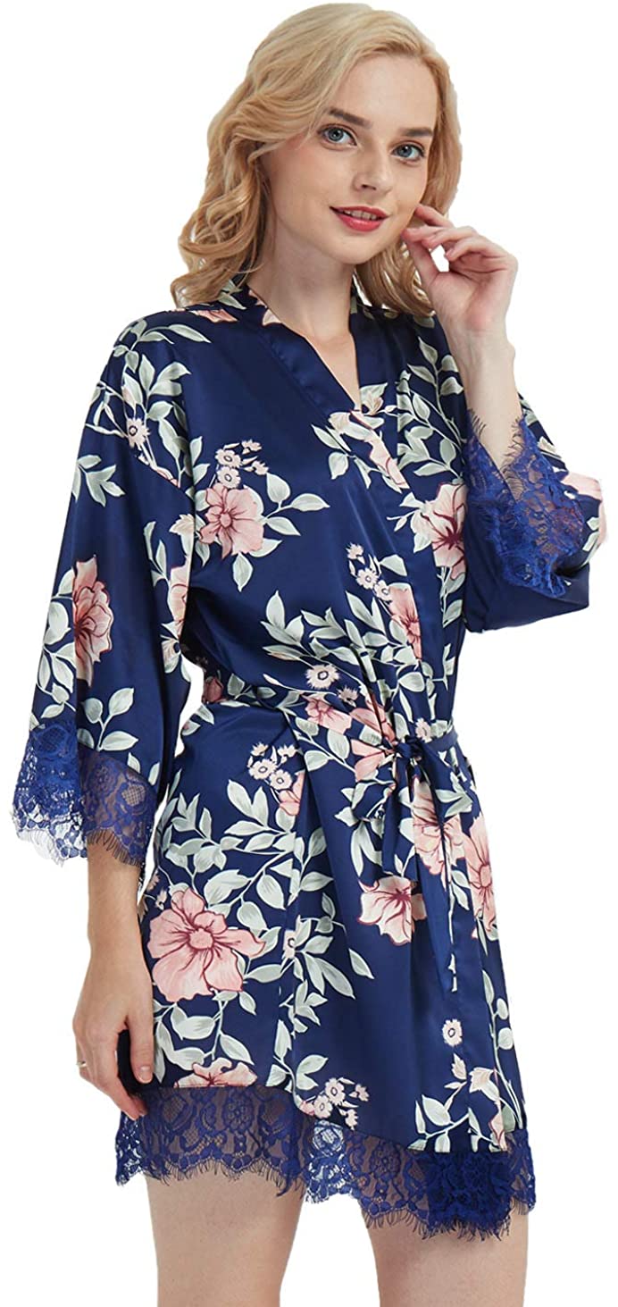 Price:$27.99 Silk Floral Kimono Robes for Women Bridesmaids Maternity with Lace at Amazon Women’s Clothing store