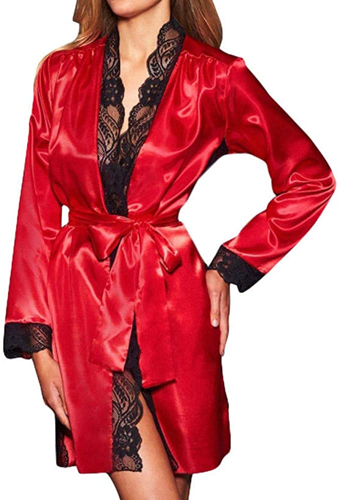 Price:$4.31 iTLOTL Women Sexy Long Silk Kimono Dressing Gown Babydoll Lace Lingerie Bath Robe at Amazon Women’s Clothing store