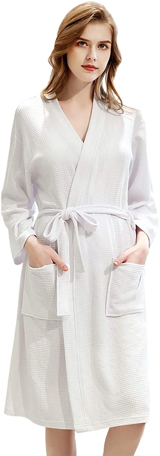 Price:$19.99 Women Robe Lightweight, Women Waffle Robe Knee Length, Kimono Bath Robe, Spa Soft Knit V-Neck Bathrobe with Pockets at Amazon Women’s Clothing store