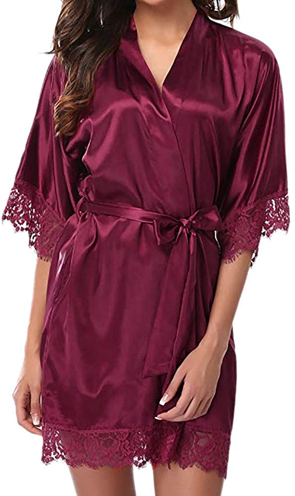 Price:$0.98    Women's Satin Robe,Women's Lace-Trimmed Satin Short Kimono Robe Bathrobe Loungewear  Clothing