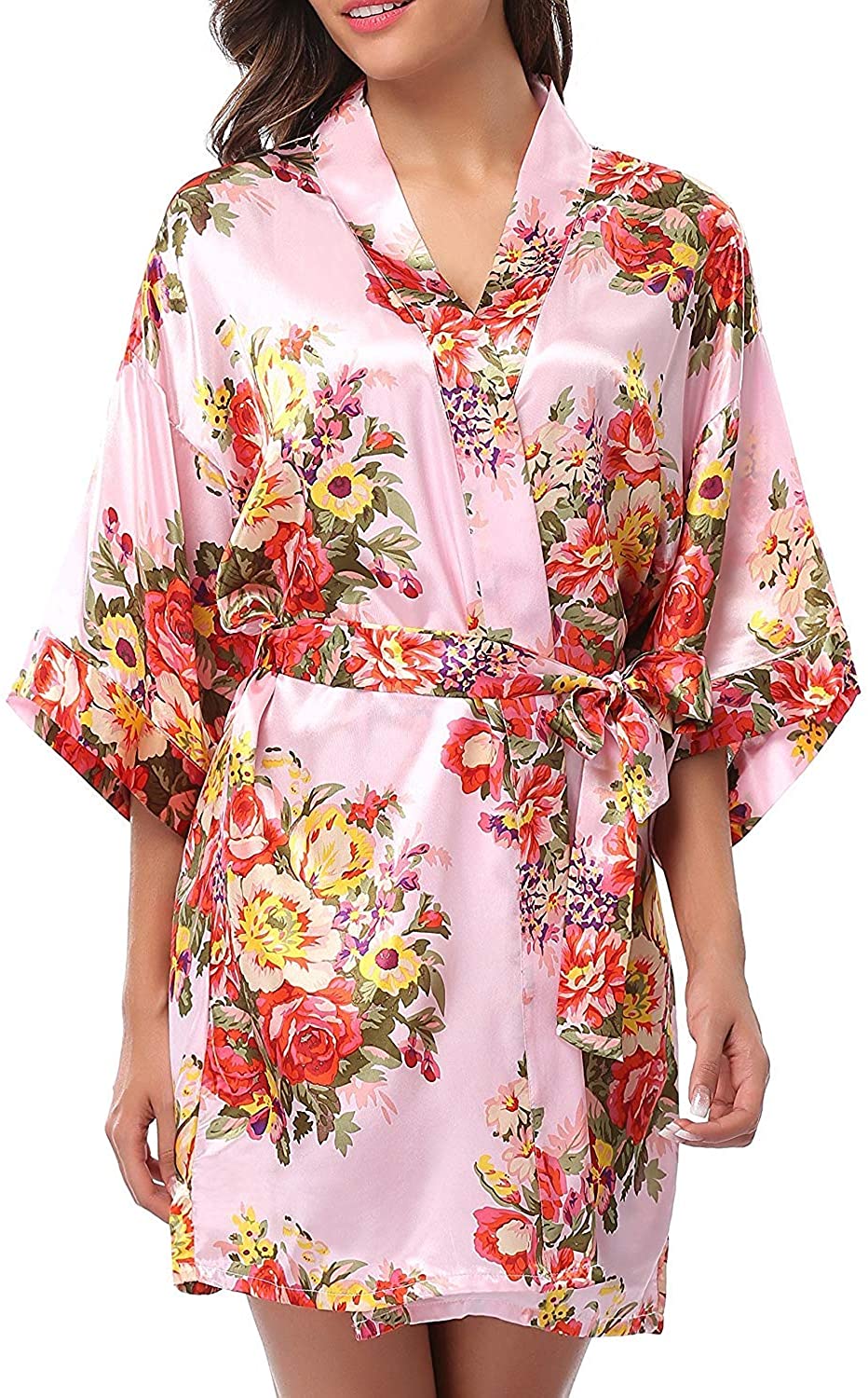 Price:$11.99 Mobarta Women Floral Satin Kimono Robe Getting Ready Robe for Wedding Spa Party Birthday Gift at Amazon Women’s Clothing store