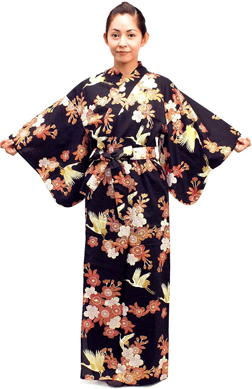 Price:$84.00 Kimono Japan Women's Easy Yukata Robe Black Crane and Sakura Large at Amazon Women’s Clothing store