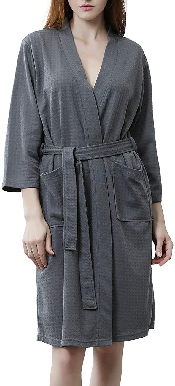 Price:$13.99 DGGLIFE Women's Robes Lightweight Bathrobe Short Knee Length Kimono Ladies Waffle Weave Soft Summer Nightwear at Amazon Women’s Clothing store