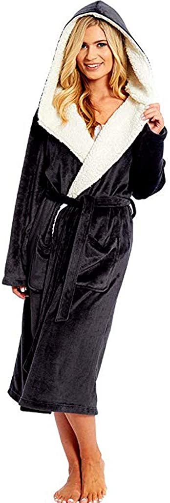 Price:$10.48 HebeTop Women's Sherpa Lined Long Robe - Luxury Full Length Plush Fleece Bathrobe at Amazon Women’s Clothing store