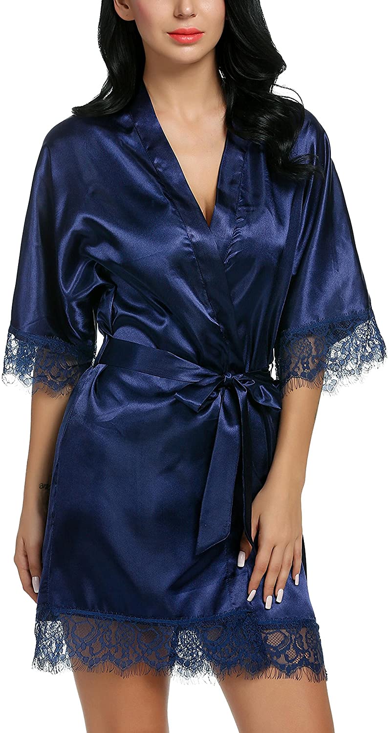 Price:$8.99 grehu Women's Pure Color Kimono Robes Satin Nightwear Bridesmaids Short Style at Amazon Women’s Clothing store
