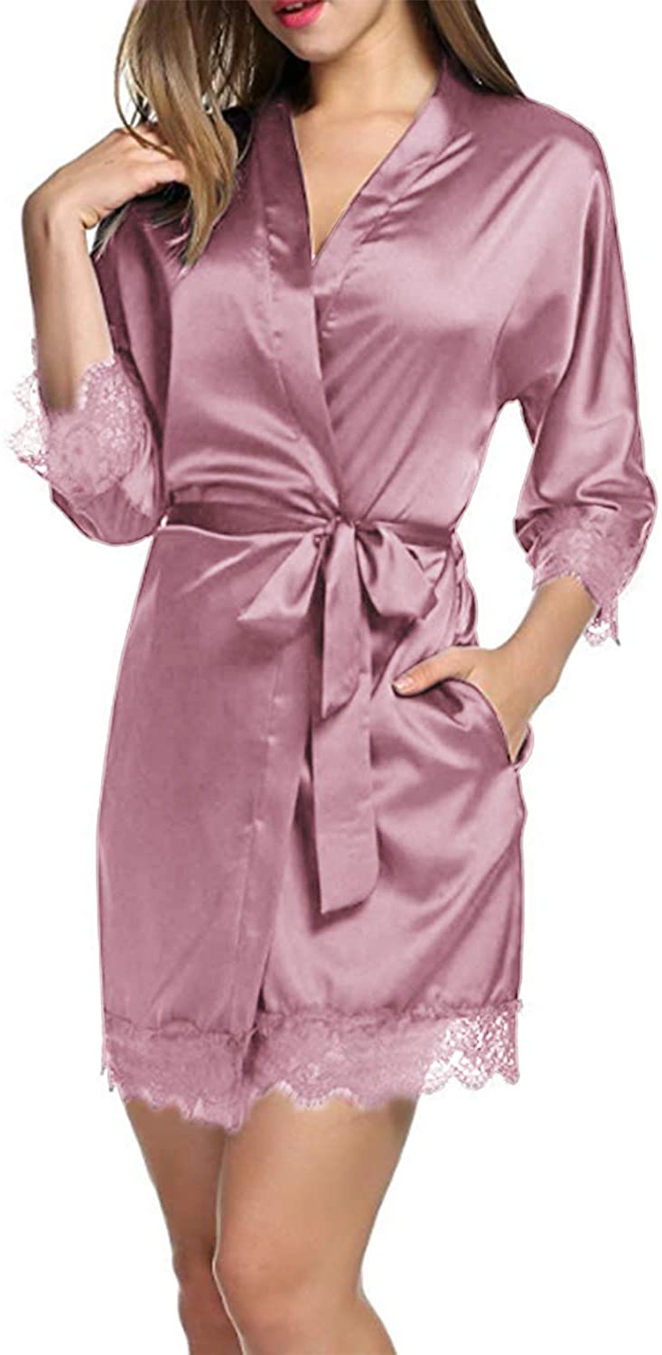 Price:$18.99 SUNNYME Robe for Women Sexy Lace Trim Bride Bridesmaid Robe Satin Kimono Robes Bathrobe Sleepwear Nightgowns at Amazon Women’s Clothing store
