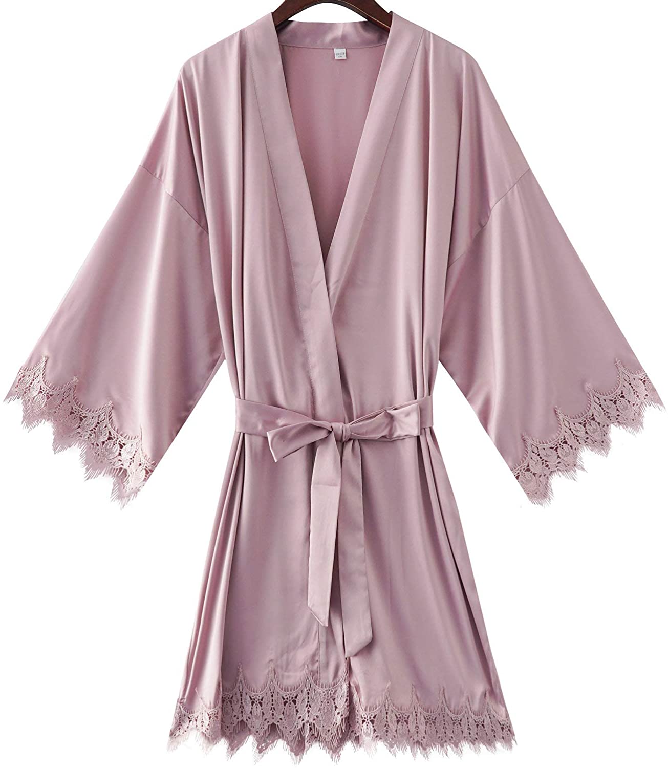 Price:$23.99 YUXINBRIDAL Women's Solid Matt Silk Satin lace Robe Satin Short Kimono Robes with Lace Trim (Soft Mauve) at Amazon Women’s Clothing store