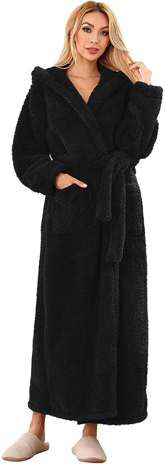 Price:$45.99 Caracilia Women's Plush Fleece Robe with Hood Long Warm Solid Bathrobe with Inner and Outer Ties at Amazon Women’s Clothing store