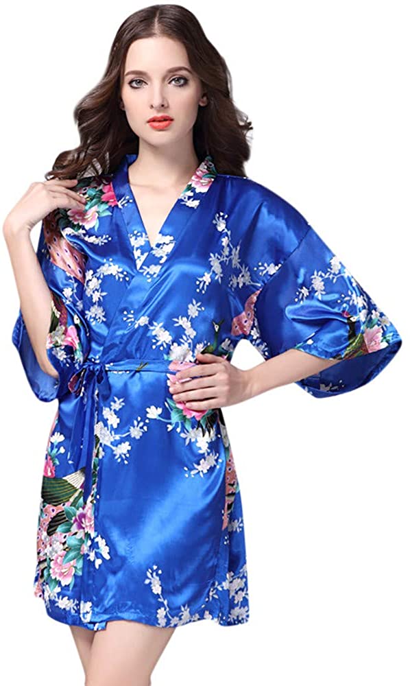 Price:$9.46 Women's Kimono Floral Satin Robe Lightweight Bath Robe Bathrobe Soft Sleepwear V-Neck Ladies Nightwear at Amazon Women’s Clothing store