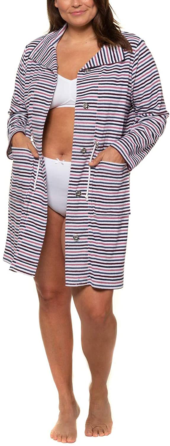 Price:$55.95 Ulla Popken Women's Plus Size Button Front Stripe Terry Robe 727961 at Amazon Women’s Clothing store