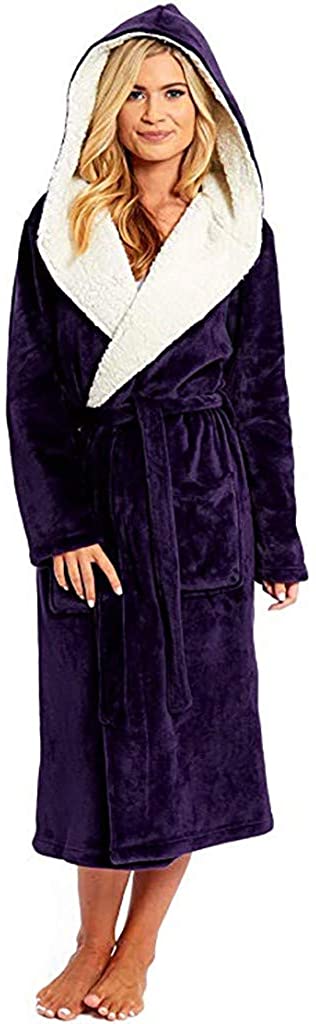 Price:$17.30 Forwelly Winter Plush Lined Robe for Women Thick Warm Hooded Pajamas with Belt Soft Bathrobe Sleepwear Oversize Home Clothes at Amazon Women’s Clothing store