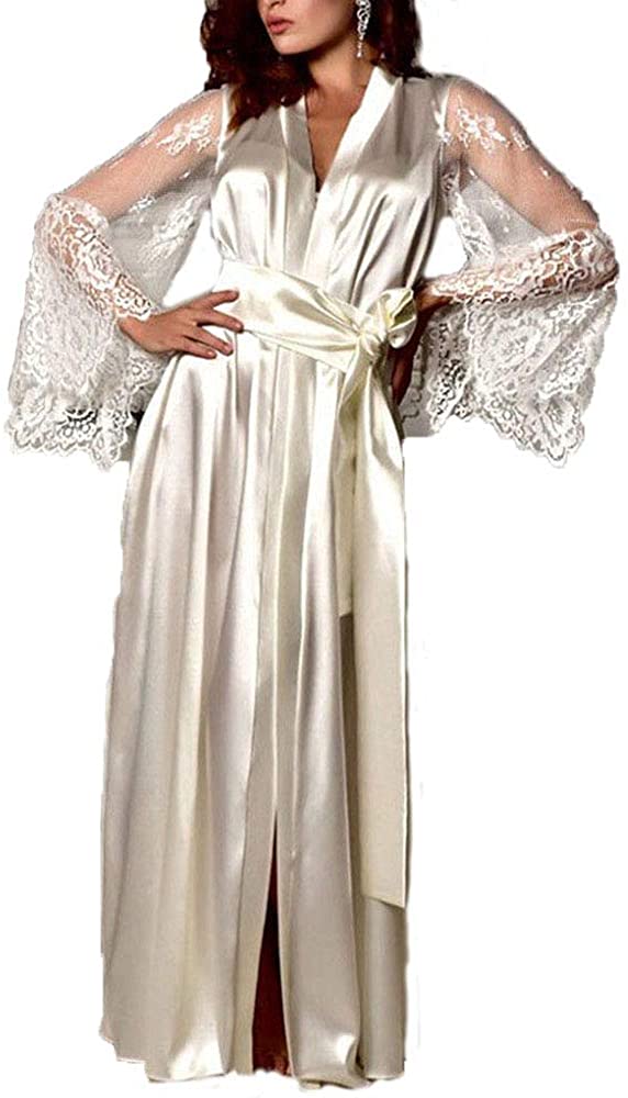 Price:$0.99 Women's Bathrobes Satin Lace Sleeve Long Kimono Robe Sexy Maxi Nightwear Lingerie Pajamas at Amazon Women’s Clothing store
