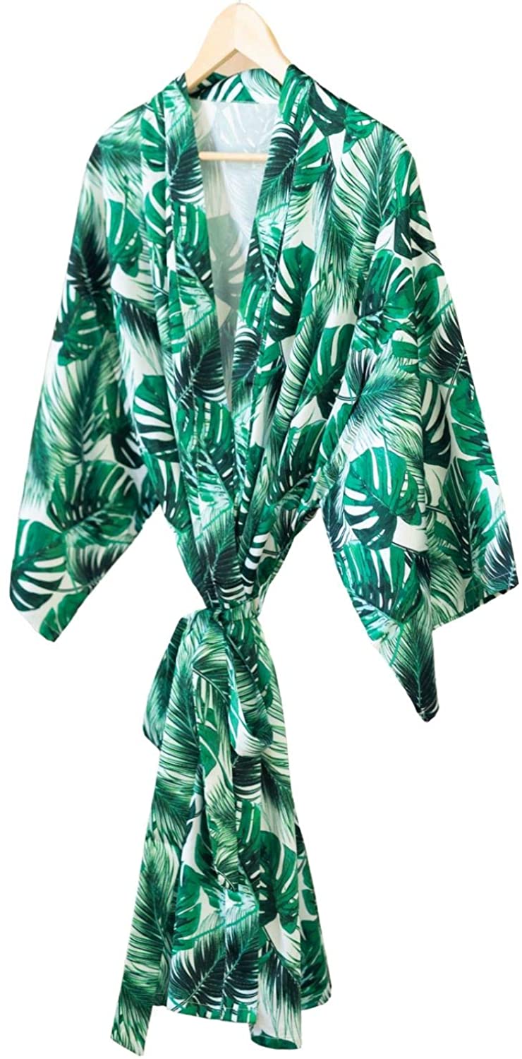 Price:$47.00 Ella Winston Tropical Palm Leaf Kimono Style Satin Getting Ready Bridesmaid Robe at Amazon Women’s Clothing store