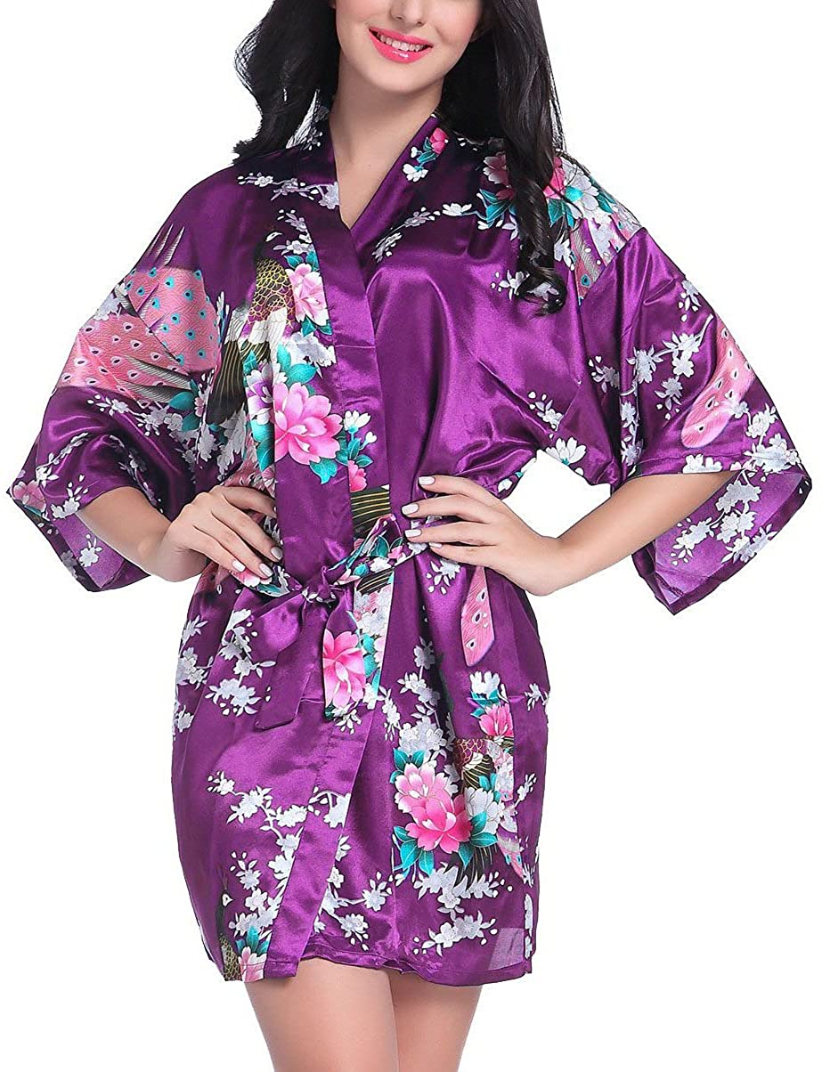 Price:$12.50 Admireme Women's Satin Robes Short Silky Bridal Robe Floral Bathrobe Peacock Kimono Robe for Wedding Party Dark Purple at Amazon Women’s Clothing store