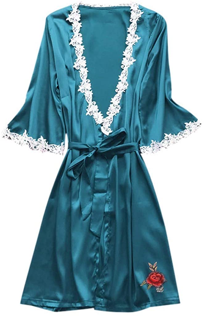 Price:$0.89 RAINED-Women's Silk Robe Long Satin Kimono Robe Lightweight Bathrobe Lace Trim Bridesmaid Robe Bridal Robe Sleepwear at Amazon Women’s Clothing store