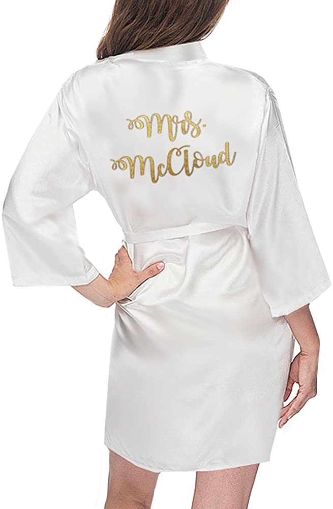 Price:$36.00 Customized Mrs. Satin Bridal Robe - White with Gold Glitter Print at Amazon Women’s Clothing store