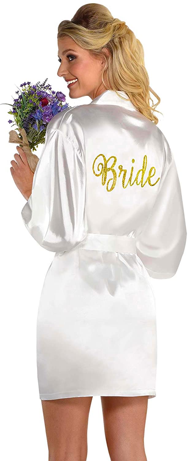 Price:$25.99 Bride's Silky Robe with Hot Stamped Golden Glitter Bride on Back at Amazon Women’s Clothing store