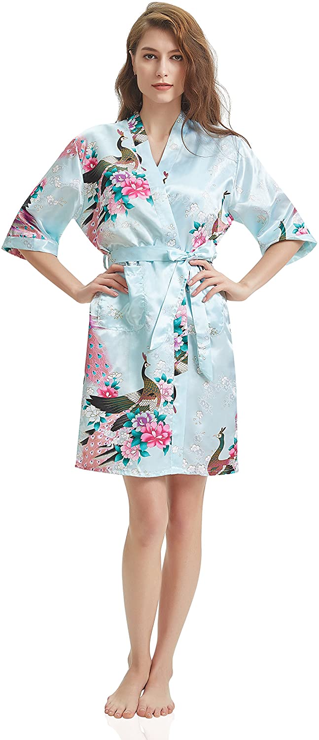 Price:$9.99 J.ROBE Women's Printing Lotus Kimono Robe Short Sleeve Silk Bridal Robe at Amazon Women’s Clothing store