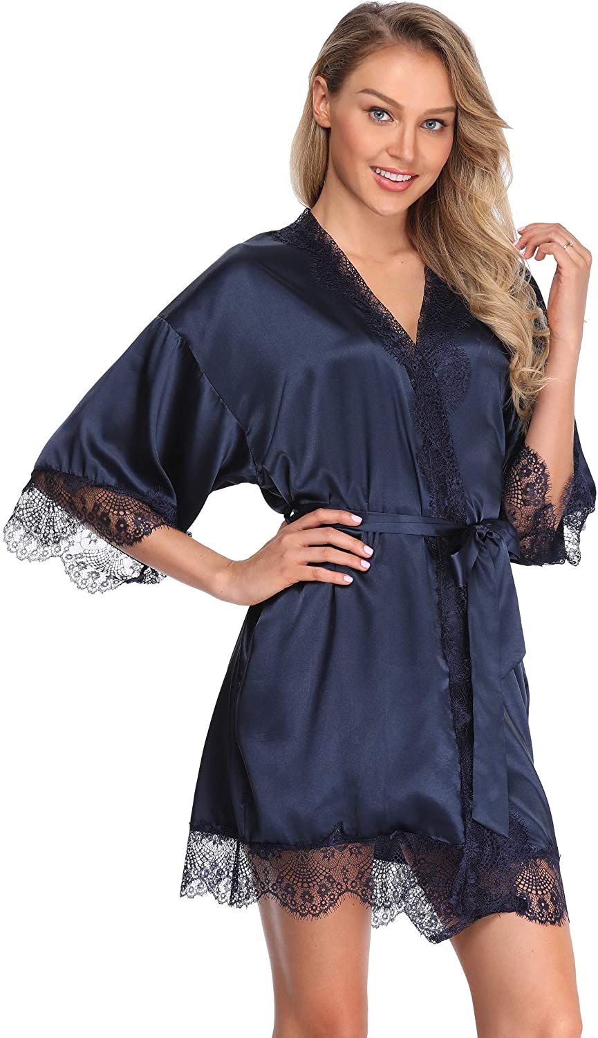 Price:$19.99 Sexy Silk Kimono Robe for Women Short Sleepwear Bride and Bridesmaid Bath Robe with Lace Trim Dark Blue at Amazon Women’s Clothing store