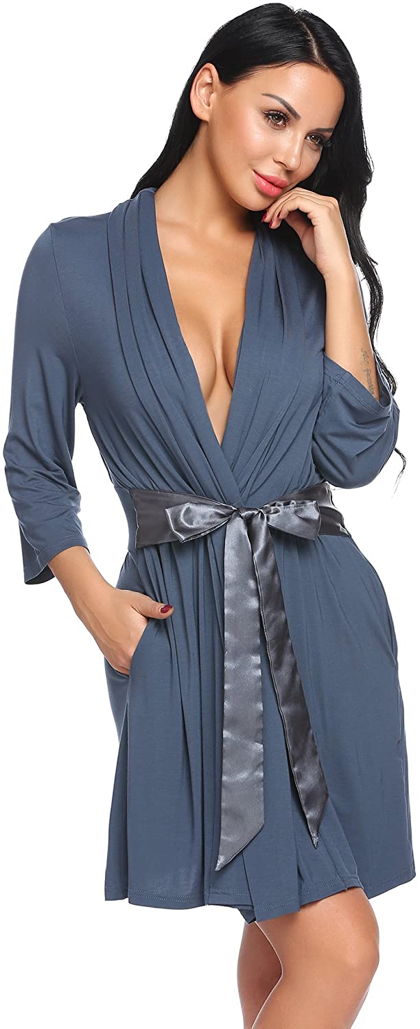 Price:$16.99 Avidlove Womens Three-Quarter Sleeves Bathrobe Kimono Robe Comfort Sleepwear with Stain Waist Belt at Amazon Women’s Clothing store