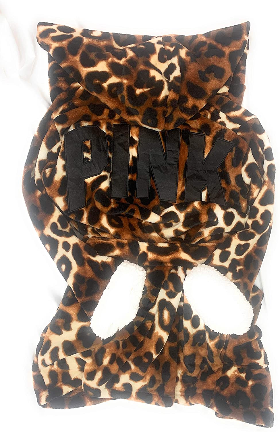 Price:$72.50 Victoria's Secret Pink Cozy Hooded Sherpa-Lined Plush Short Robe, Leopard Black Logo at Amazon Women’s Clothing store