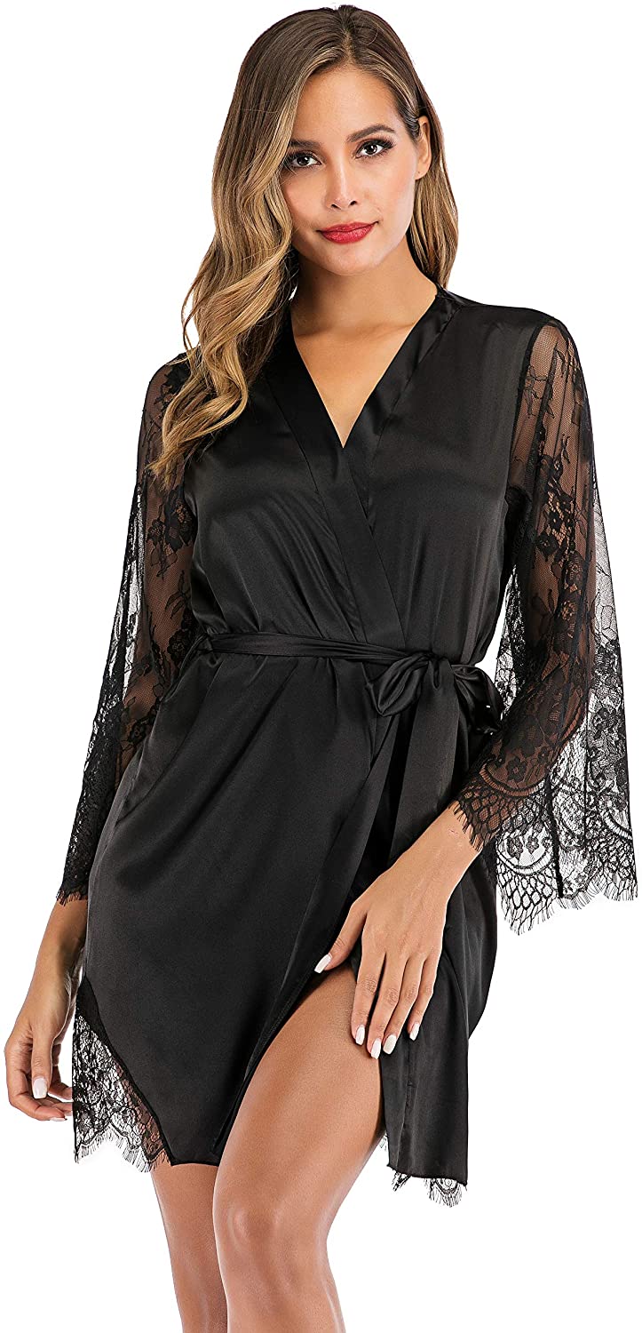 Price:$17.98 Women Satin Kimono Robe Short Silk Oblique V-Neck Bathrobe Lace Bridesmaids Robe at Amazon Women’s Clothing store