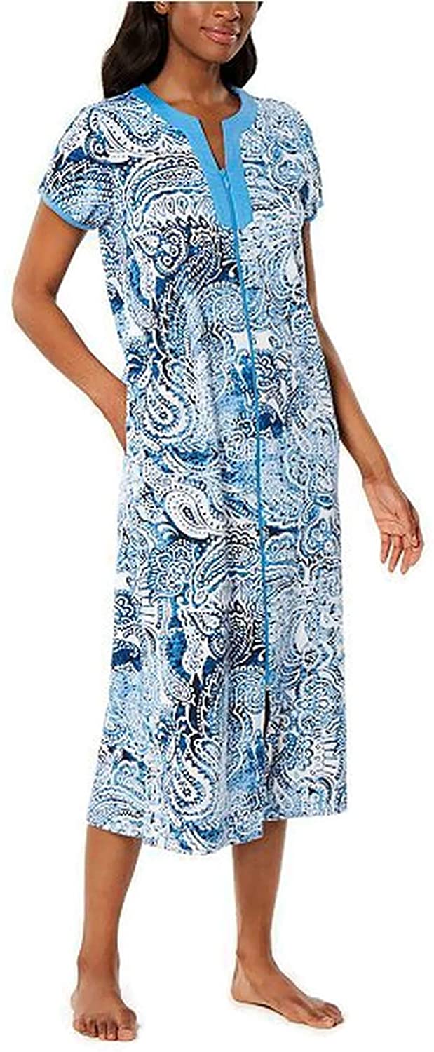 Price:$52.00 Miss Elaine Relax Full Zippered Cotton Blend Short Sleeve Robe 864849D (Navy Batik, S) at Amazon Women’s Clothing store