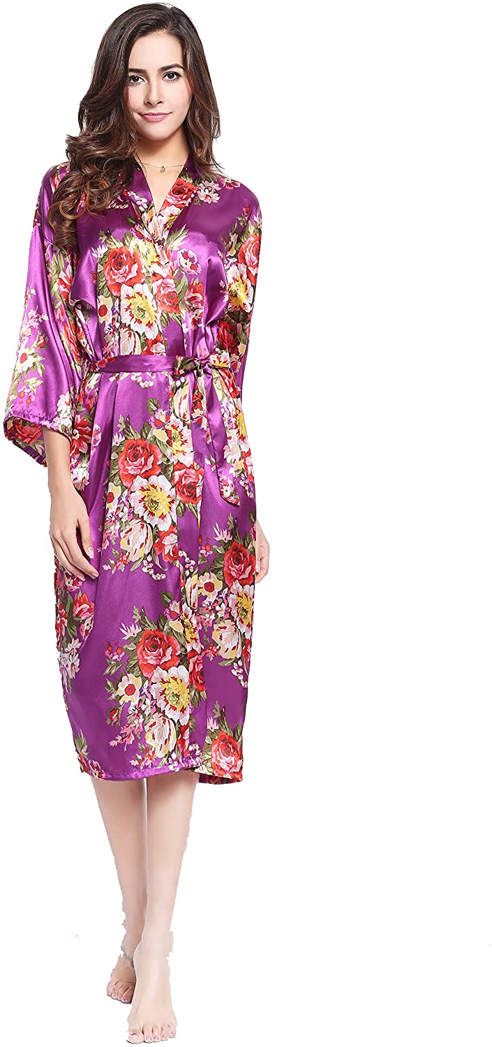 Price:$16.99 Zarachilable 14 Color Long Floral Robe Bride Kimono Bridesmaid Robe Satin Night Dress (Purple) at Amazon Women’s Clothing store