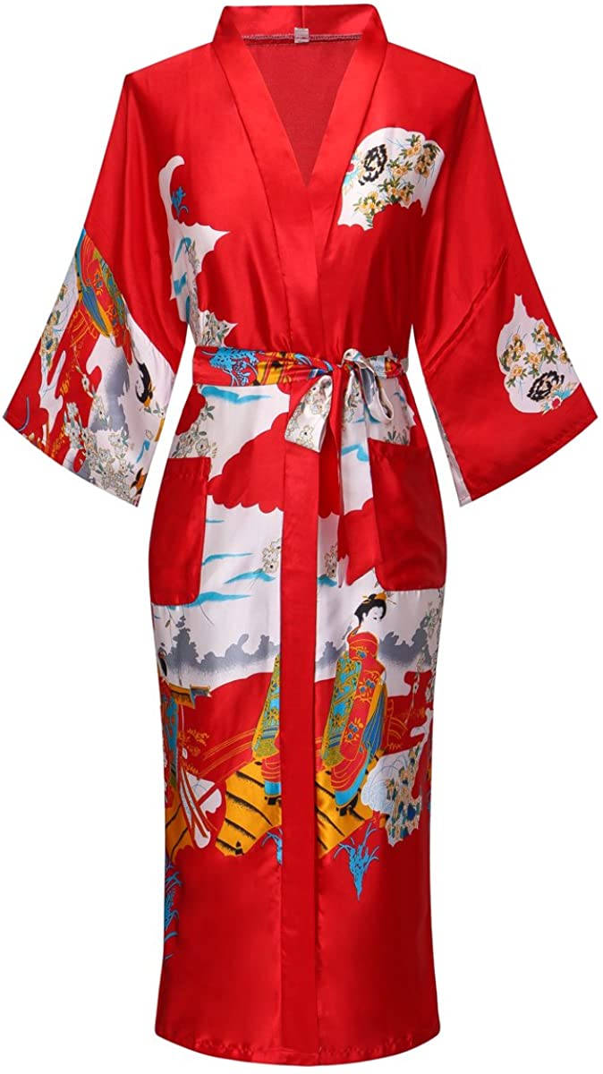 Price:$13.19 Joy Bridalc Women's Japanese Robe Traditional Geisha & Sakura Satin Kimono Long Bathrobe at Amazon Women’s Clothing store