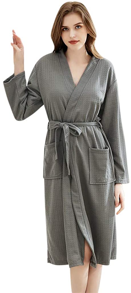 Price:$9.00 Dainzuy Unisex Waffle Bathrobe Cotton Lightweight Robe Nightgowns Long Knit Bathrobe Soft Sleepwear Spa Robe for Women at Amazon Women’s Clothing store