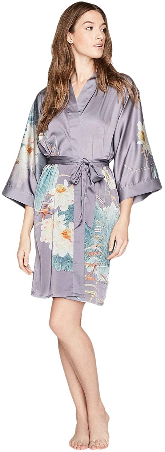 Price:$68.00 Women's Charmeuse Kimono Robe Short - Watercolor Floral - Maren- Dusk (Purple) at Amazon Women’s Clothing store