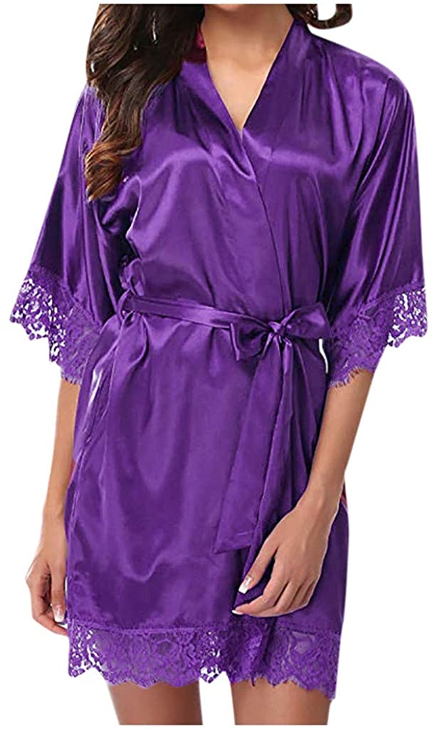 Price:$1.99 Women's Kimono Robes Short Sleeve Satin Short Style Oblique V-Neck Robe Bridesmaid Wedding Party Gift at Amazon Women’s Clothing store