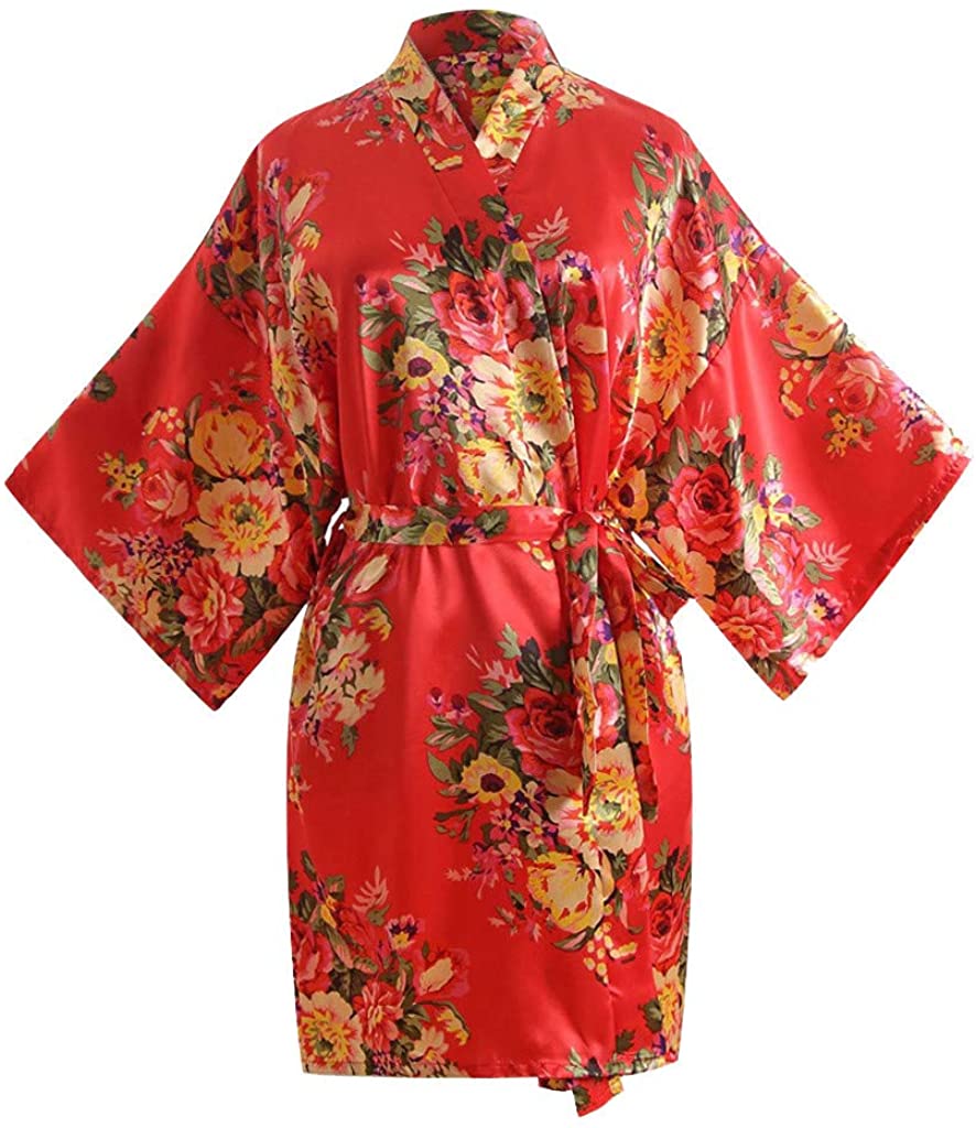 Price:$7.72    Sexy Robe for Women for Sex, Floral Satin Bridal Dressing Gown Wedding Bride Bridesmaid Kimono Sleepwear Tigivemen Red  Clothing