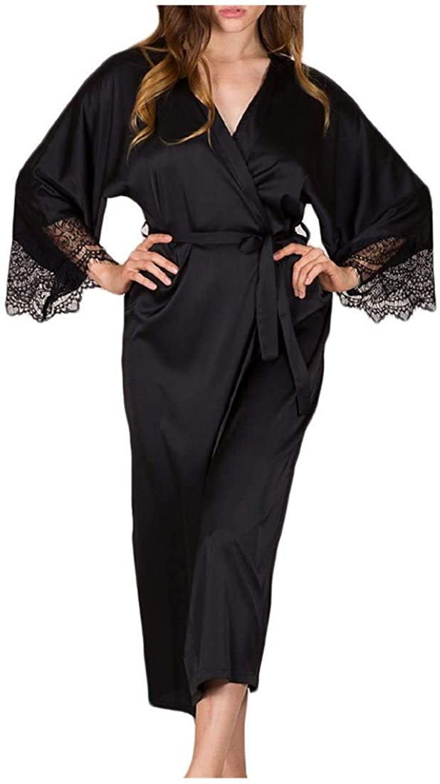 Price:$0.01 Women's Ultra Soft Sleepwear Silk Looking Wrap Bathrobe Lace Trim Long Kimono Robe at Amazon Women’s Clothing store