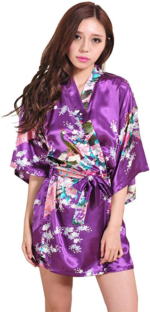 Price:$6.45 SSYUNO Women Sexy Spaghetti Strap Lace Hem Dress Nightdress Kimono Robe Satin Peacock Bathrobe Short Silk Bridal Robe at Amazon Women’s Clothing store
