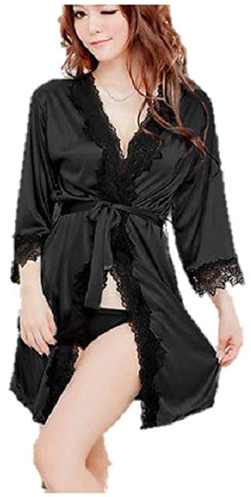 Price:$10.19 Women's Lace Trim Kimono Nightwear Sexy Silk Satin Dressing Gown and G String at Amazon Women’s Clothing store