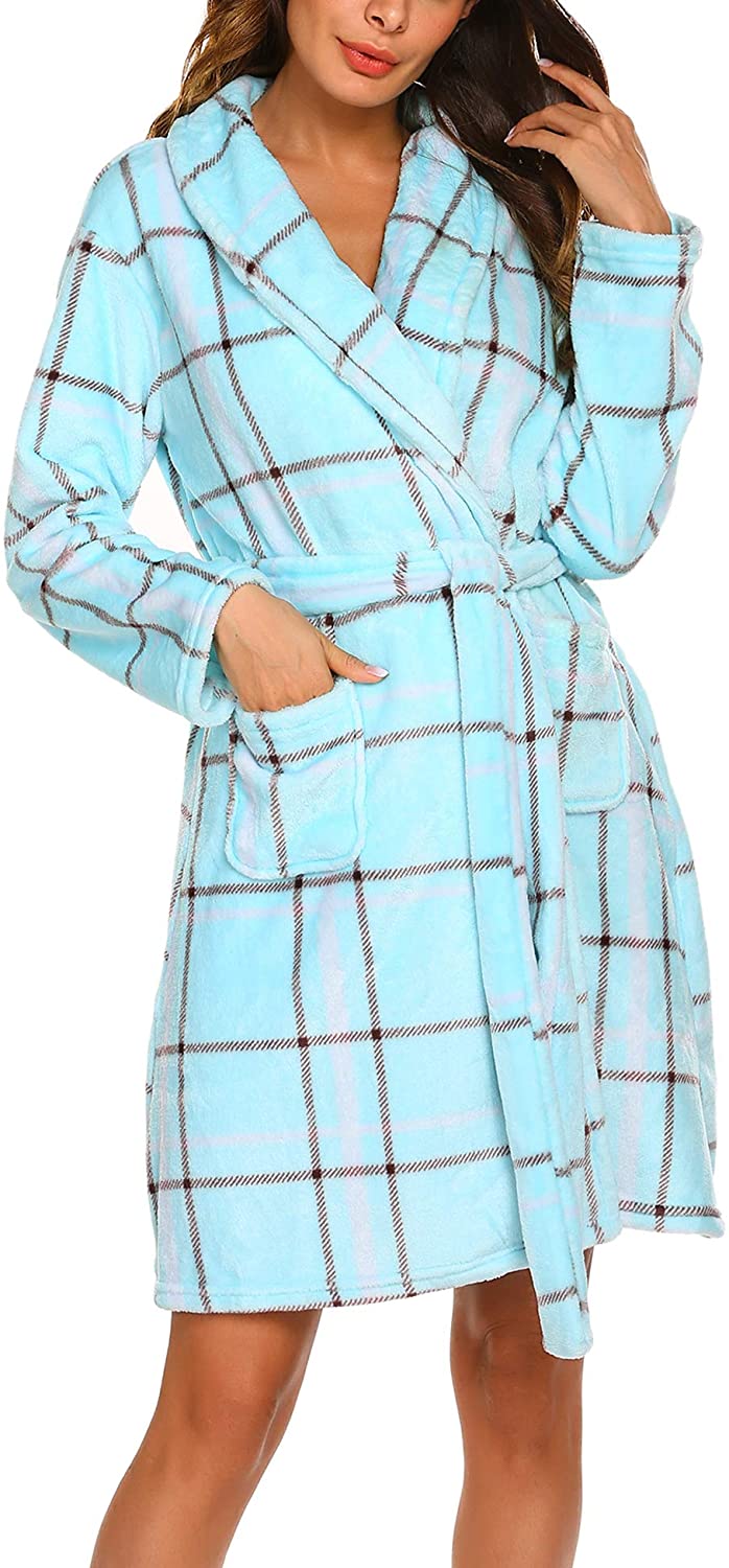 Price:$37.99 Ekouaer Deep V Neck Womens Plush Warm Hooded Bathrobe Soft Lightweight Bath Spa Robe, Knee Length at Amazon Women’s Clothing store