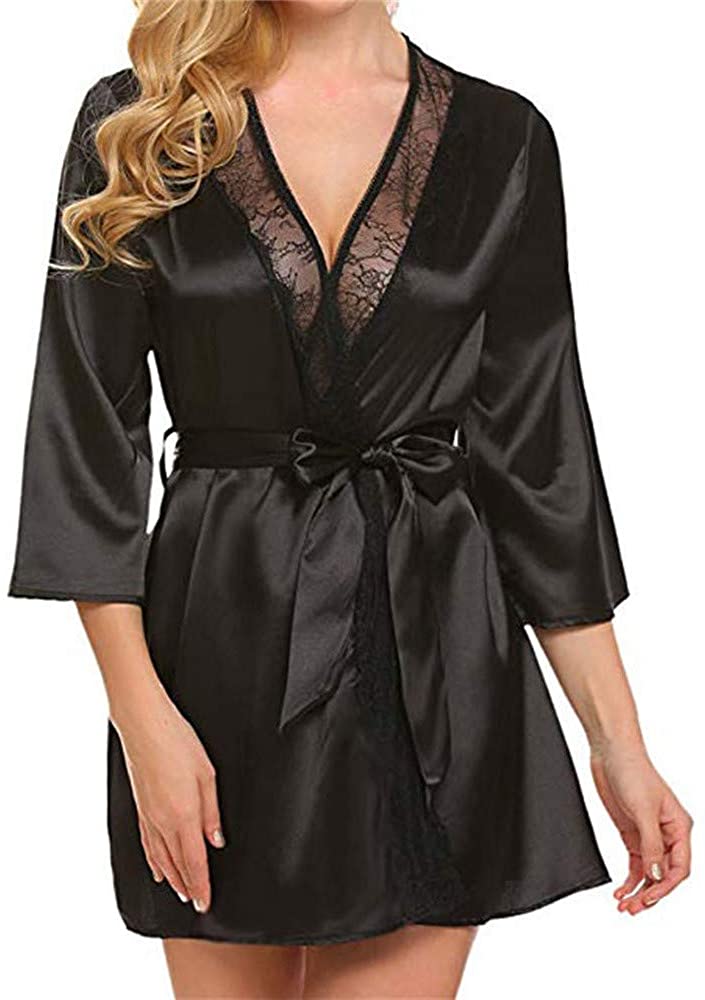 Price:$0.01 Respctful✿Women Lingerie Robe Satin Lace Trim Sexy Kimono Robes with Inside Ties at Amazon Women’s Clothing store