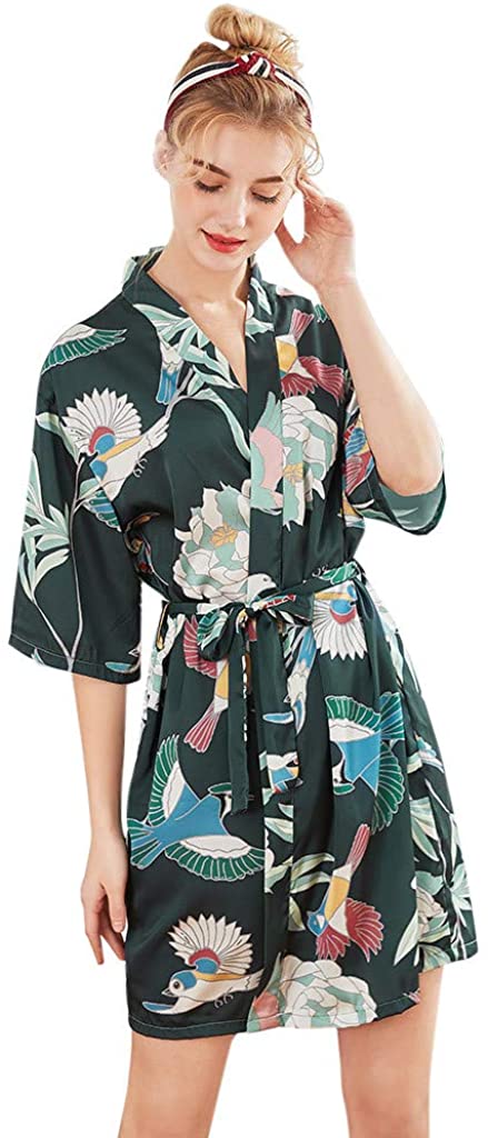 Price:$2.99 Women Kimono Robes Floral Print Summer Robe Short Bathrobe Soft Silk Sleepwear Ladies Loungewear Nightgowns at Amazon Women’s Clothing store