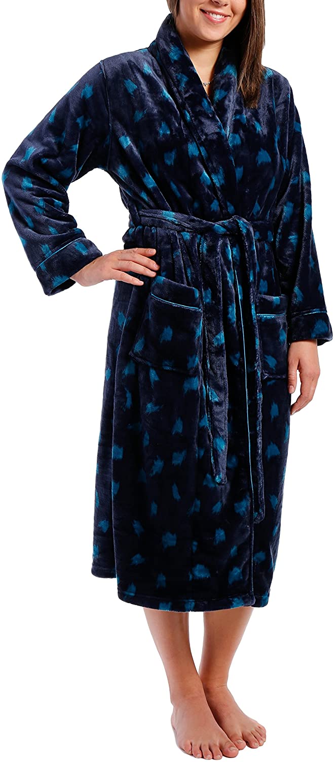 Price:$29.99 Noble Mount Womens Lush Butterfleece Spa/Bath Robe - Snow Leopard - Navy/Teal - XL at Amazon Women’s Clothing store