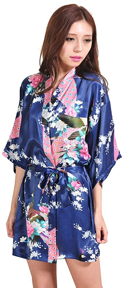 Price:$8.99 FYSTORE Women Kimono Printing Peacock Satin Robe for Bridesmaid Wedding Short Sleeve at Amazon Women’s Clothing store