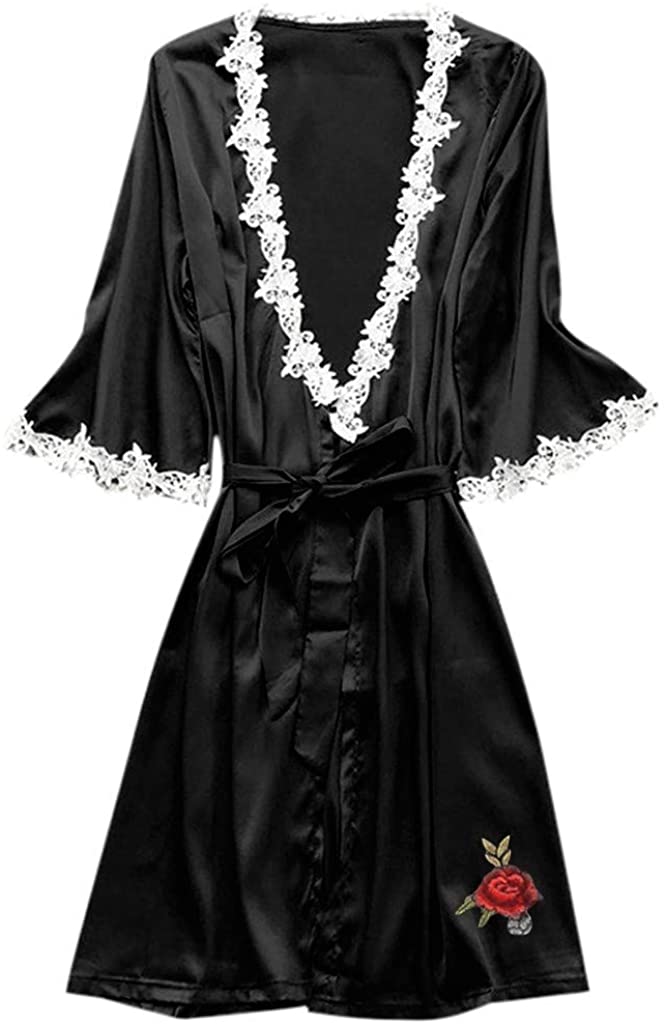 Price:$6.84 Bride Robe Wedding, Women's Satin Kimono Bathrobe, Sexy Silk Dressing Gown Lace Trim Flower Sleepwear Loungewear Tigivemen at Amazon Women’s Clothing store