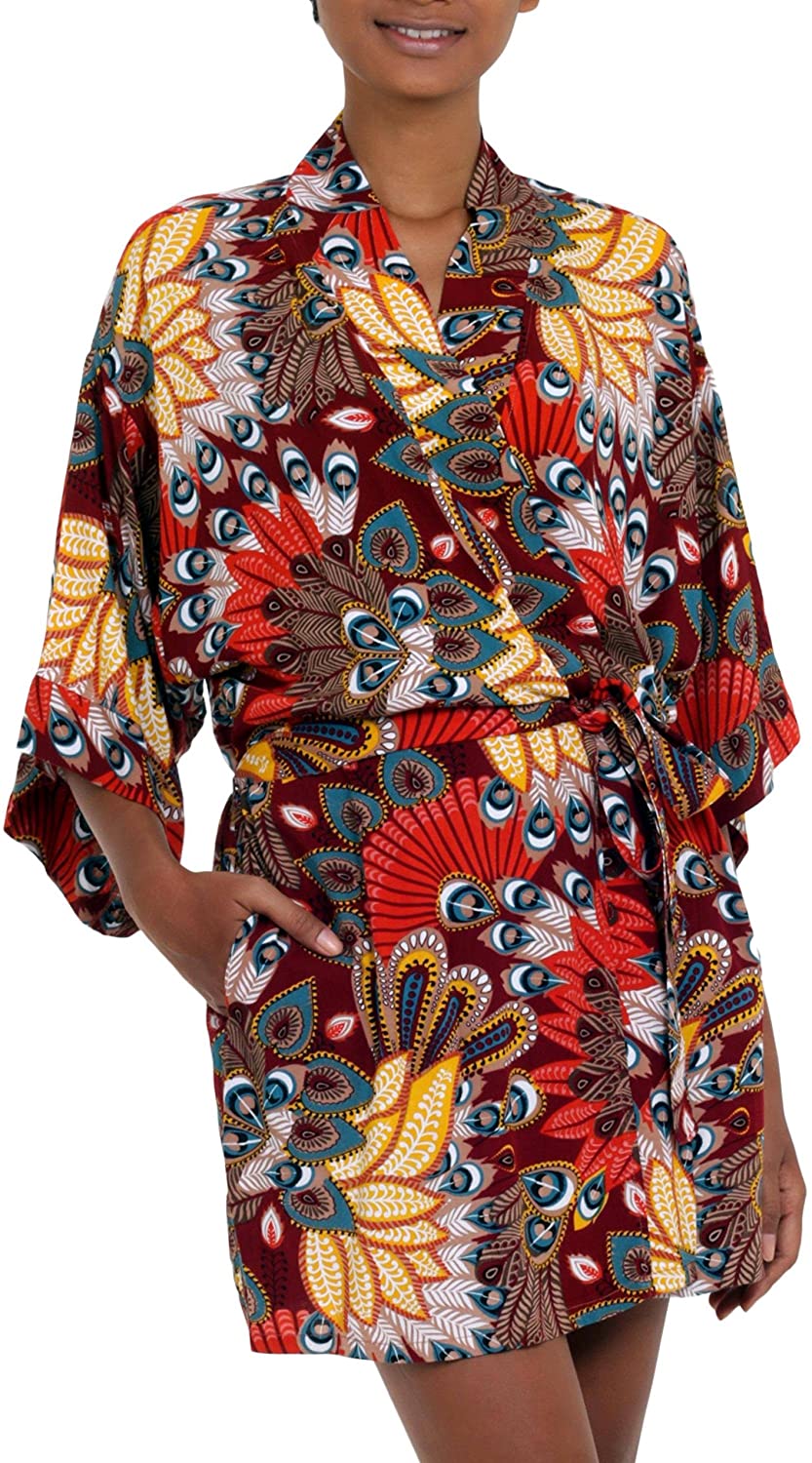 Price:$49.99 NOVICA Red Peacock Rayon Robe, Brush Fire' at Amazon Women’s Clothing store