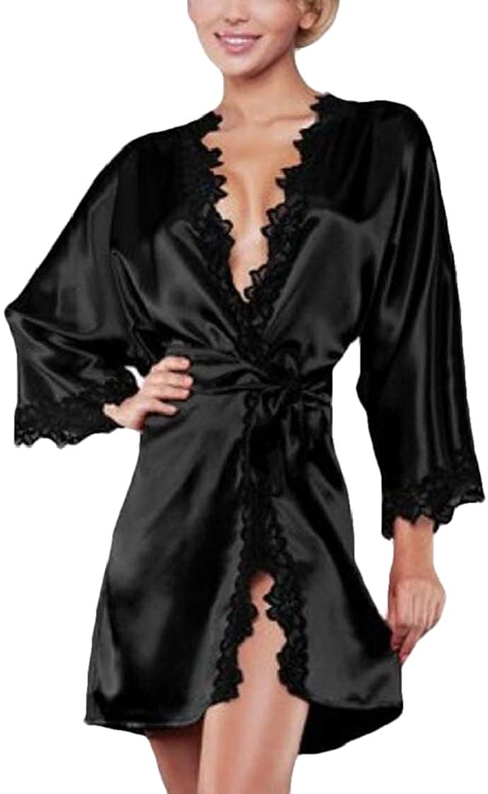 Price:$0.01 SELX Women Ice Silk Lace Trim Sexy Bathrobe Loose Fit Soft Nightgown Spa Robes at Amazon Women’s Clothing store