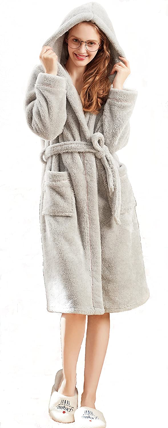Price:$19.99 Women Fleece Robe Long Plush Super Soft and Warm Bathrobe Cozy Fluffy Hooded Shower Robe Grey at Amazon Women’s Clothing store